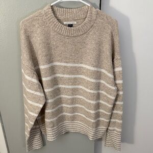 American Eagle Outfitters Tan and White Striped Crewneck Sweater